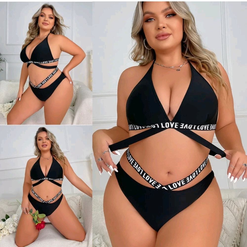 2 Piece Sexy Lingerie Women's Love Print Belted Halter Sport Bra and Panty Set